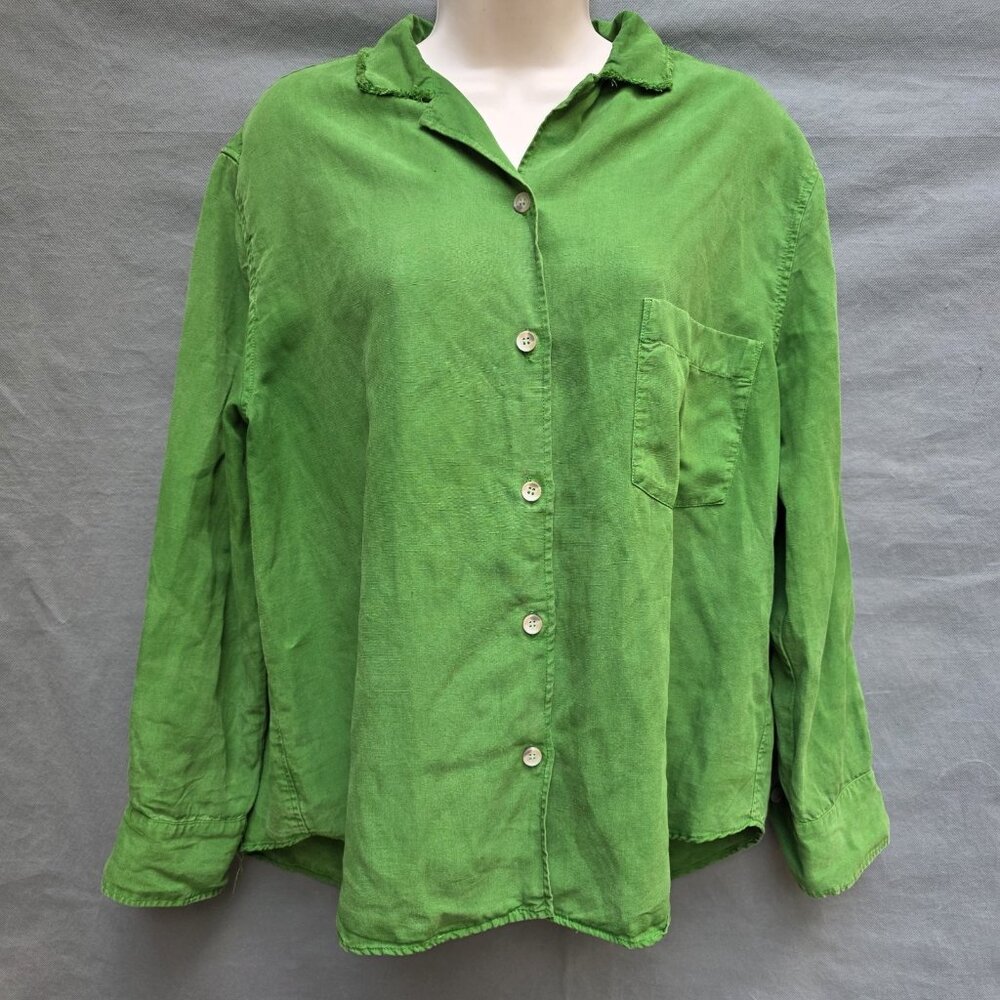 Zara Green Linen Blend Button Up Pocket Shirt Lightweight Size M Cute Vibrant
